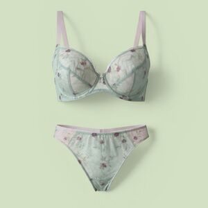 Felina Mint Green Lace Bra and Bikini Set with Pale Pink Accents NWOT
